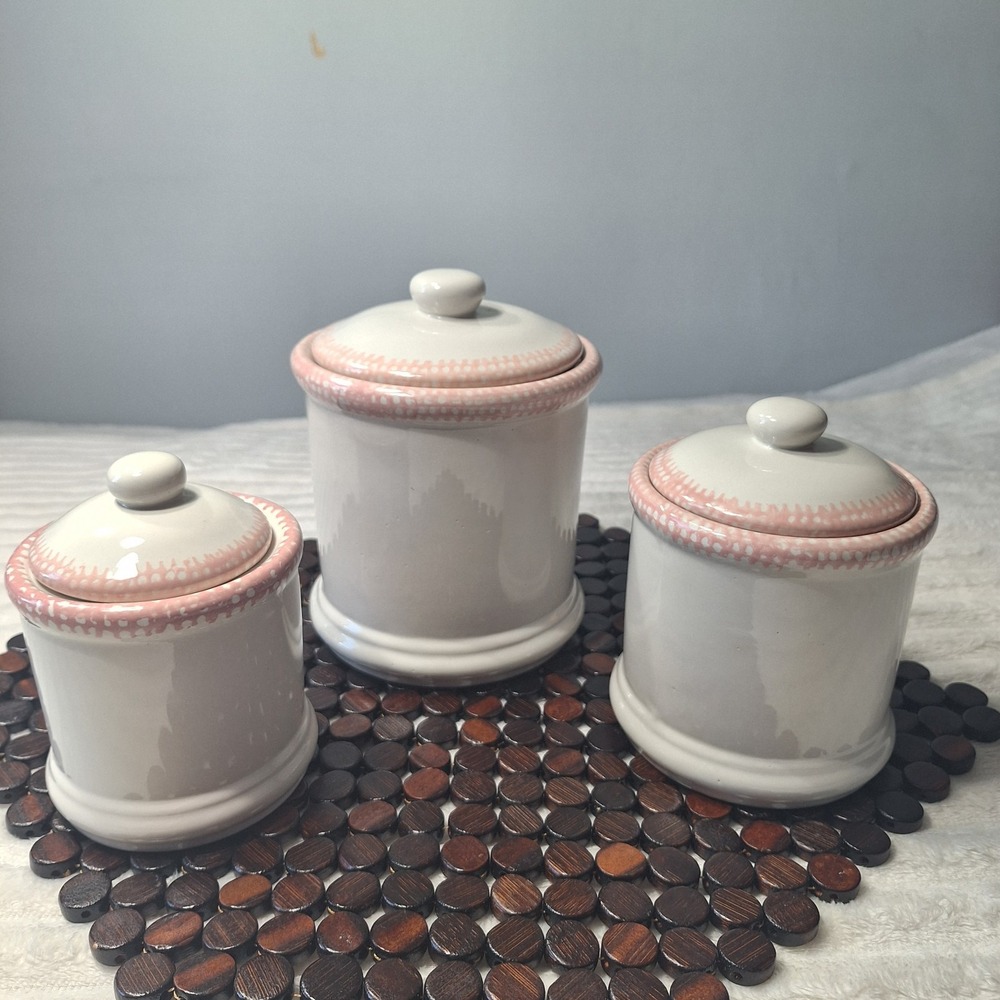 3 Pc Pink Heart Sponge Ware Ceramic Canisters Cottage Country Kitchen 90's - Picture 3 of 12